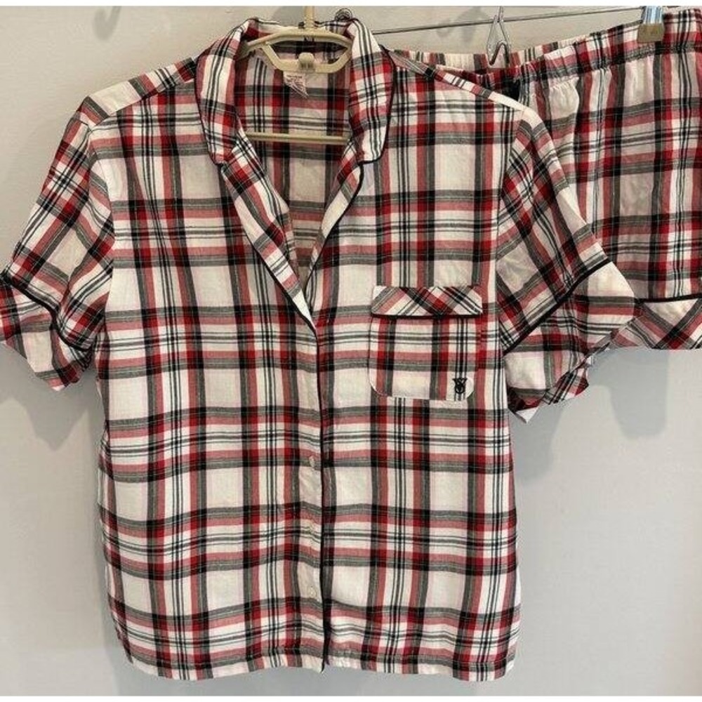 Victorias Secret Red Black Pink Sparkle Plaid Short Sleeve Shorts Pajama Set M